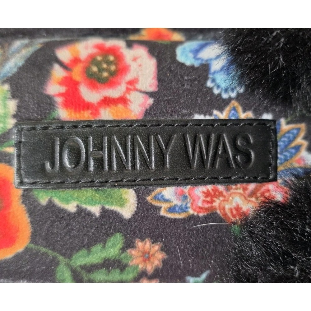 Johnny Was Ardell X Slipper Black Faux Fur Floral Print Slides Womens 8M Boho - Picture 8 of 10
